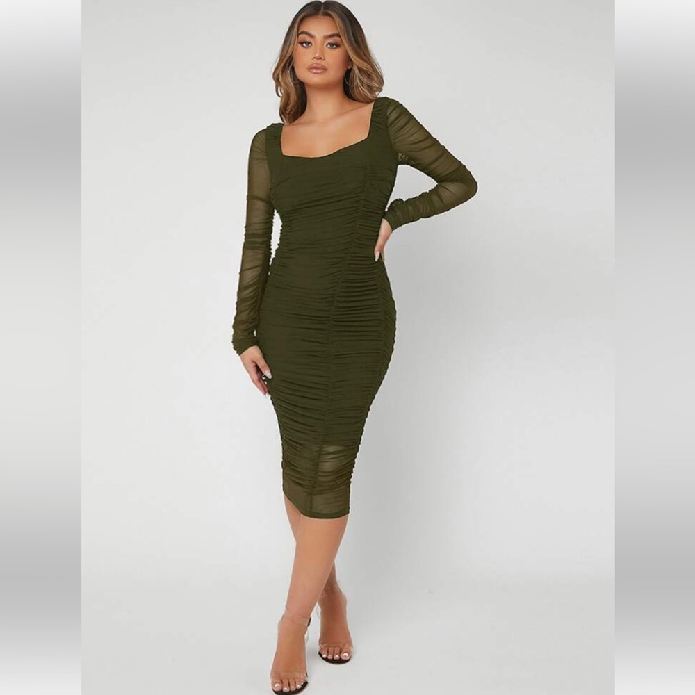 Rushed mesh green bodycon dress midi knee length